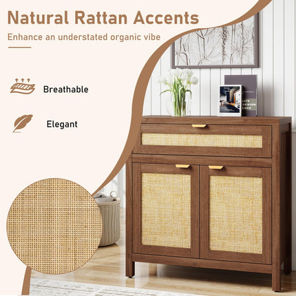 Dreamade Sideboard Buffet Cabinet Rustic Rattan Storage Cabinet w/ 2 Doors
