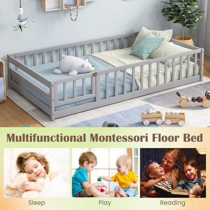 Dreamade Twin Floor Bed with Door & Fence, Kids Wood Montessori Bed with Safety Guardrails