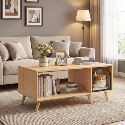Dreamade 2 in 1 Coffee Table with Cat House for Entryway Home