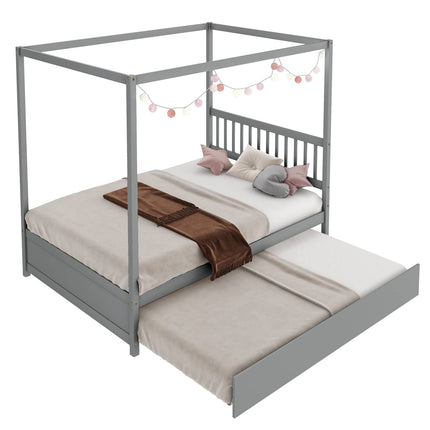 Dreamade Canopy Bed w/ Trundle, Full Size Kids Solid Wood Platform Bed Frame