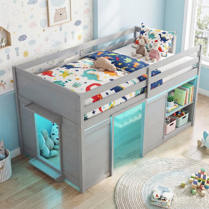 Dreamade Wooden Low Kids Loft Bed with LED Lights and 2 Doors