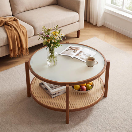 Dreamade 35" Rattan Farmhouse Glass Center Table with Storage
