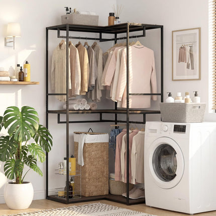 Dreamade Heavy Duty Clothes Rack | 3-Tier L-Shaped Garment Rack w/3 Open Shelves & 2 Hanging Racks