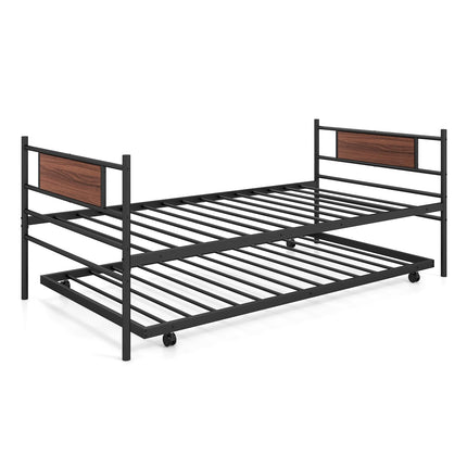 Dreamade Metal Daybed with Trundle, Twin Size Day Bed with Wood Grain Headboard & Metal Slat Support