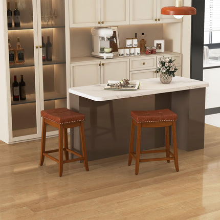 Dreamade Bar Stools Set, 25" Counter Height Bar Stools w/Saddle Seat, Footrest, Rivet, Button Tufted, Rubber Wood Frame