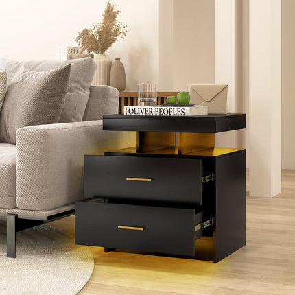 Dreamade LED Nightstand, Modern Black Bedside Tables with 2 Storage Drawers