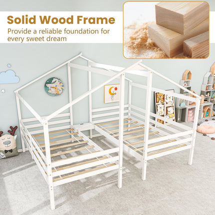 Dreamade Double Twin Bed Frames for Kids, Wood House Shaped Platform with Built-in Nightstand & USB Port