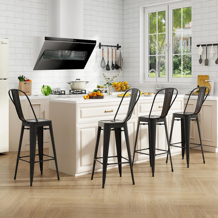 Dreamade Metal Bar Stools Set of 4, 30" High Back Bar Height Chairs w/Footrest & Removable Backrest
