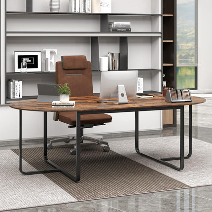 Dreamade Large Oval Meeting Table for 10 to 12 People with Dual Cable Holes and Metal Legs