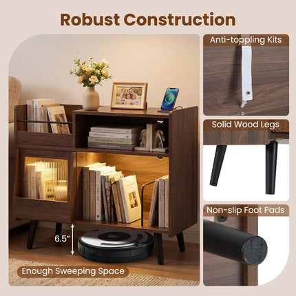 Dreamade Record Player Stand with LED Light and Power Outlets Large Turntable Stand with Sliding Door