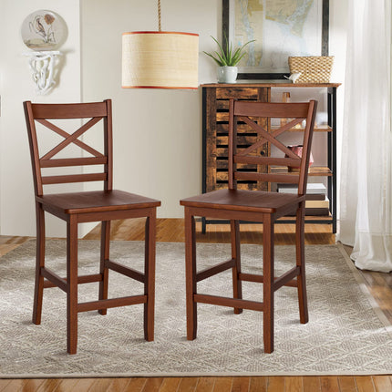Dreamade 25'' Antique Kitchen Counter Height Chairs with Wooden X-Shaped Backrest & Rubber Wood Legs