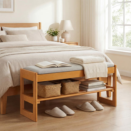 Dreamade Rubberwood Shoe Rack Bench with Linen Seat Cushion