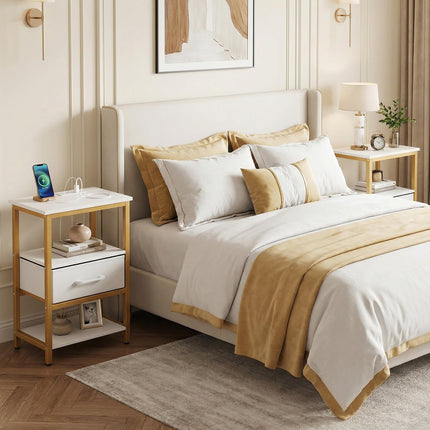 Dreamade Nightstand with Charging Station and Adjustable Fabric Drawer for Bedroom and Living Room
