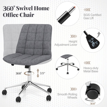 Dreamade Armless Office Chair, Linen Fabric Vanity Chair with Wheels & Adjustable Height, 360° Rolling Swivel Task Computer Chair