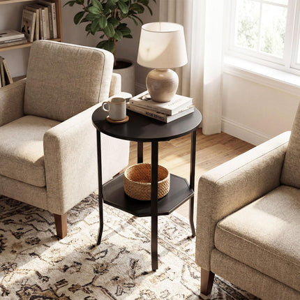 Dreamade 2-Tier Round Small Sofa Couch End Table with Storage Shelf & Steel Frame