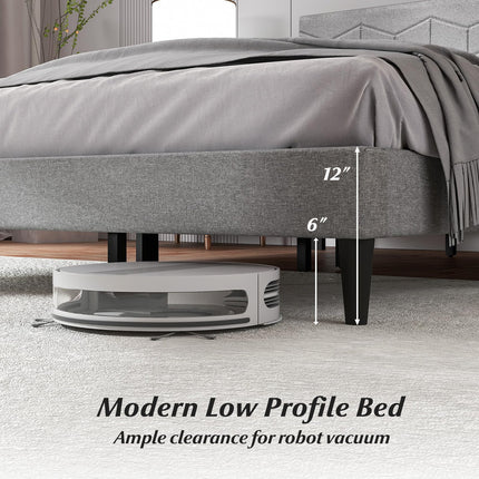 Dreamade Queen/Full/Twin Size Upholstered Bed Frame Modern Platform Bed with Linen Fabric Geometric Headboard