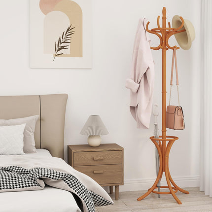 Dreamade Solid Wood Coat Rack, Freestanding Hall Tree w/12 Hooks, Umbrella Holder, Entryway Hanger Stand for Coat