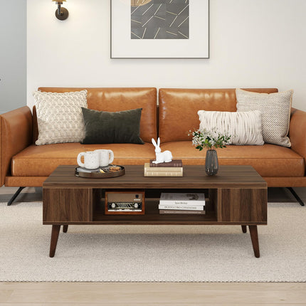 Dreamade 42 Inch Mid Century Modern Coffee Table Rectangular with Open Compartment