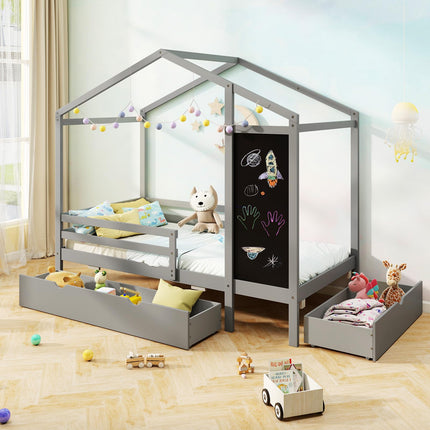 Dreamade Twin Bed with 2 Storage Drawers, Solid Wood House Bed with Blackboard & Safety Guardrails
