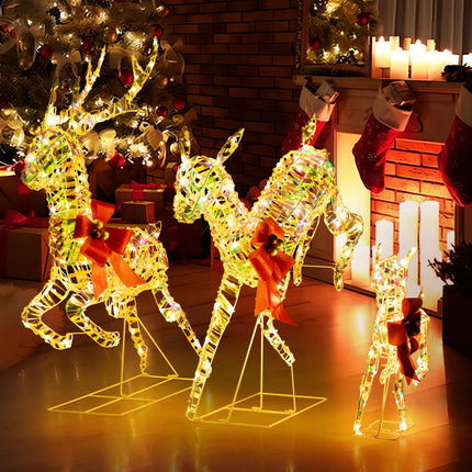 Dreamade Christmas Lighted Reindeer, Set of 3 Reindeer Decorations with LED Lights and Red Bows