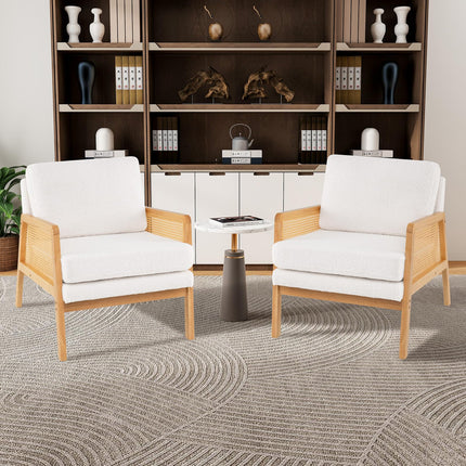Dreamade Mid Century Modern Accent Chair, Boho Boucle Living Room Arm Chair w/Rattan Arms