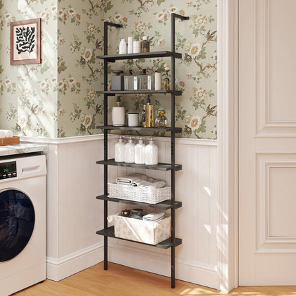 Dreamade 6-Tier Ladder Shelf, 72" Wall Mounted Bookshelf with Metal Frame, Industrial Open Storage Shelves