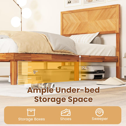 Dreamade Wood Twin Bed/Full Size Bed/Queen Bed Frames with Headboard, Solid Acacia Wood Platform Bed with 12 Strong Wooden Slat Support