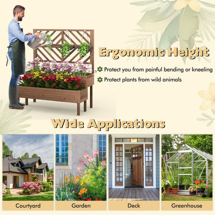 Dreamade Raised Garden Bed with Trellis, 2-Tier Wooden Planter Box with Legs and Drain Holes (Brown)