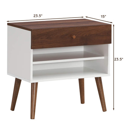 Nightstand with Drawer and Storage Shelves & Rubber Wood Legs, Brown&White