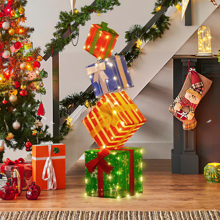 Dreamade Lighted Gift Boxes, Set of 4 Stackable Pre-lit Box Decorations with Warm White LED Lights & Pre-Assembled Ribbons