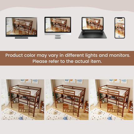 Dreamade Twin Loft Bed with Desk and Bookshelf, Wooden Bed Frame with Safety Guardrail & Ladder
