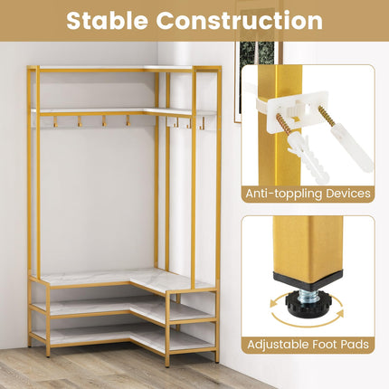 Dreamade Corner Coat Rack with Shoe Bench, L-shaped Garment Rack with 5 Shelves & 7 Hooks