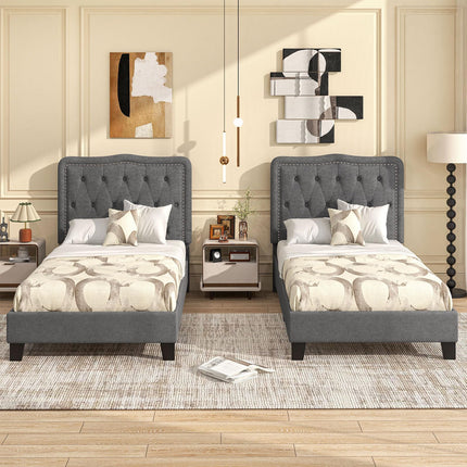 Dreamade Twin Size Bed Frame, Modern Linen Upholstered Platform Bed w/ 46" Tall Button Tufted Headboard