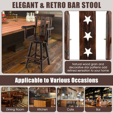 Brown Bar Stool, 29’’ Solid Fir Wood Bar Chair with Footrest, Decorative Star Backrest, Wide Armrest, Rustic Kitchen Stool