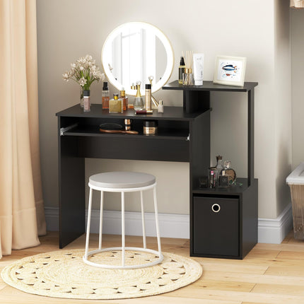 Dreamade Computer Desk with Keyboard Tray, Compact Home Office Desk with Fabric Drawer & Storage Shelf