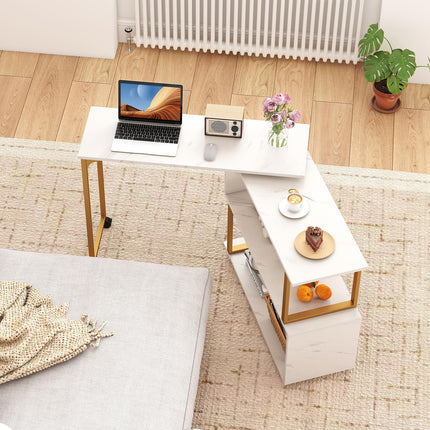Dreamade 360° Free Rotating Sofa Side Table Modern L Shaped Desk with Storage Bookcase