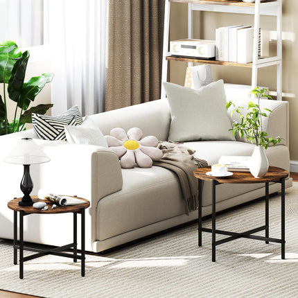 Dreamade Round Coffee Table Set of 2, Nesting Tables with Metal Frame, Imitated Wood Grain Top