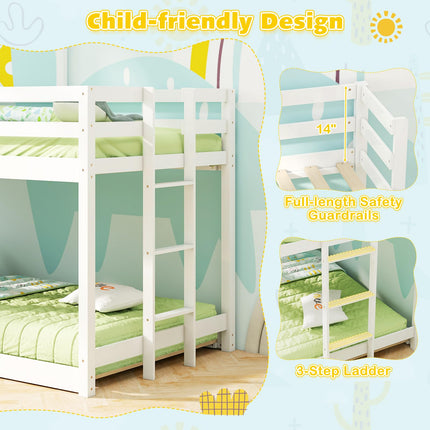 Dreamade House Bunk Bed Twin Over Twin, Solid Wood Floor Bunk Bed with Built in Ladder, Window & Safety Guardrail