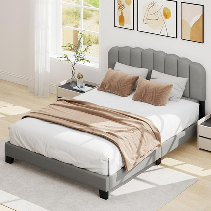 Dreamade Queen Bed Frame Linen Upholstered Platform Bed with Adjustable Scalloped Tufted Headboard