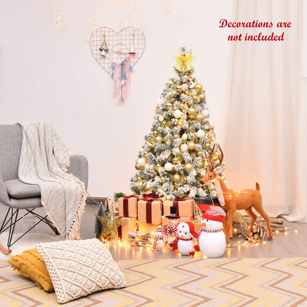 Dreamade 4.5ft / 6 ft / 7.5ft Artificial Snow Flocked Christmas Tree, Pre-Lit Snowy Hinged Xmas Tree with Led Lights and Metal Stand - DreamadeUS