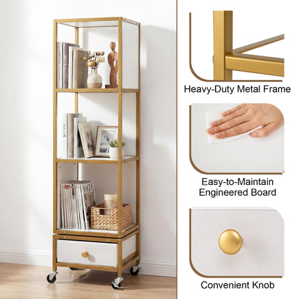 Dreamade 4-Tier Rotating Bookshelf | 360° Spinning Corner Book Shelf Tower W/Removable Fabric Storage Drawer