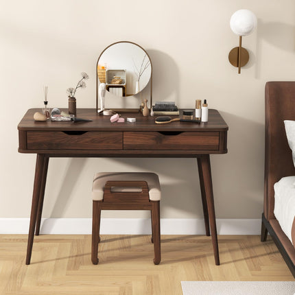 Dreamade Mid-Century Desk with 2 Drawers, 43.5" Writing Study Desk with Solid Rubber Wood Legs