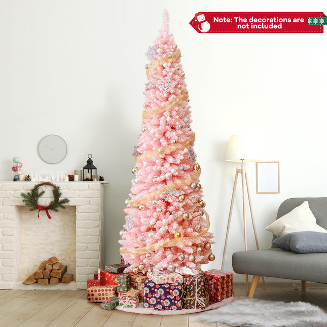 Dreamade 8ft Pink Slim Pencil Christmas Tree, Artificial Unlit Skinny Xmas Full Tree with 1000 Branch Tips
