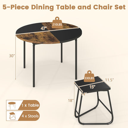 Dreamade 5-Piece Dining Set 47" Round Kitchen Table and 4 Stools with Wooden Tabletop