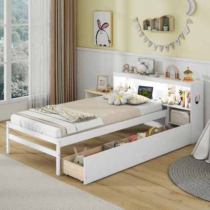 Dreamade Wood Twin Bed Frame with Storage Drawer & Headboard, Modern Platform Bed with Charging Station & LED Light
