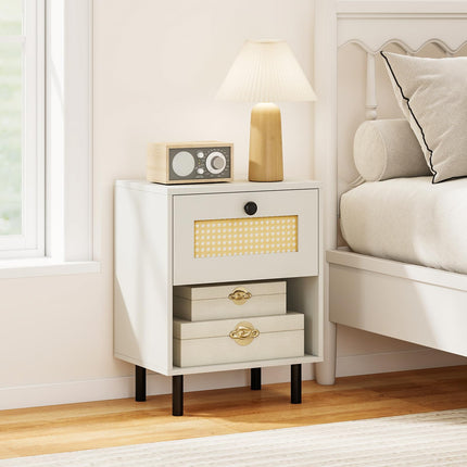Dreamade Rattan Nightstand Boho End Table with Rattan Drawer and Open Shelf