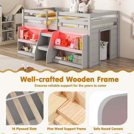 Dreamade Low Loft Bed with LED Lights, Wooden Twin Loft Bed with Stairs & Safety Guardrail
