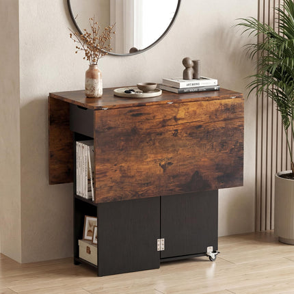 Dreamade 47.5" Folding Dining Table | Drop Leaf Wooden Dinner Table with 2-Tier Storage Shelf and Drawer