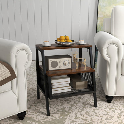 Dreamade Industrial Nightstand 3-Tier End Table with 2 Open Shelves and Metal Mesh Compartment