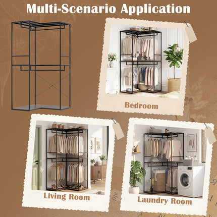 Dreamade Heavy Duty Clothes Rack | 3-Tier L-Shaped Garment Rack w/3 Open Shelves & 2 Hanging Racks